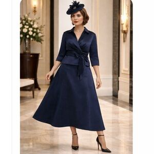 A-line Separates V-Neck Collared Ankle-Length Satin  Dress With Bow Pleated 14